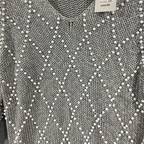 Vintage 80s Basilio M. Pearl Beaded Knit Sweater Long Sleeve Gray Gannycore Sz L - Picture 3 of 7